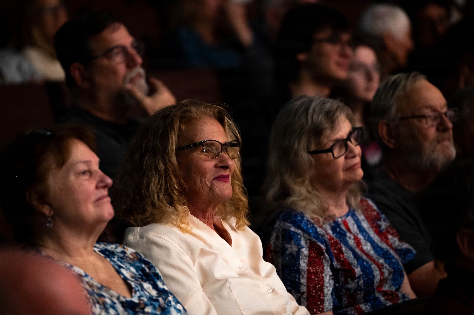 Audience members watch a concert.