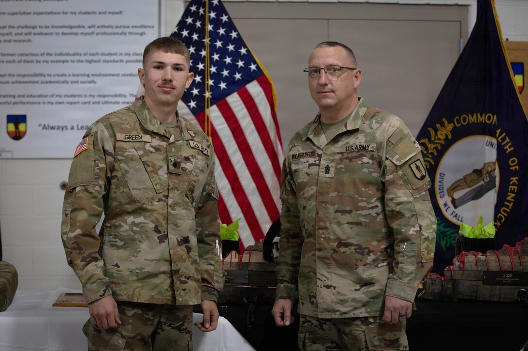 Spc. Caleb Green of Headquarters and Headquarters Battery, 138th Operational Fires Command, was named Soldier of the Year at the 2026 Best Warrior Competition at Wendell H. Ford Regional Training Center in Greenville, Kentucky, March 22, 2026.