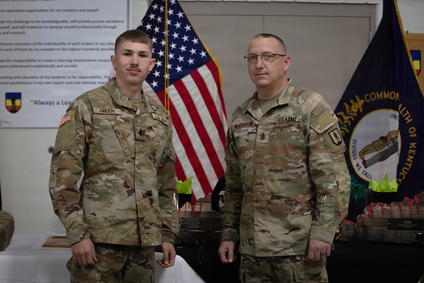 Spc. Caleb Green of Headquarters and Headquarters Battery, 138th Operational Fires Command, was named Soldier of the Year at the 2026 Best Warrior Competition at Wendell H. Ford Regional Training Center in Greenville, Kentucky, March 22, 2026.