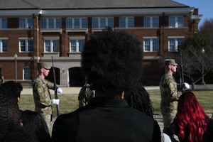 Junior Reserve Officer Training Corps cadets watch as the U.S. Space Force Honor Guard performs drill movements at Joint Base Anacostia-Bolling, Washington, D.C. March 3, 2026. Northpoint High School (Md.) JROTC cadets experienced a “day-in-the-life” of an Honor Guard member and also learned about The U.S. Air Force Band during their JBAB visit. (U.S. Air Force photo by Airman 1st Class Brandon Thomas)
