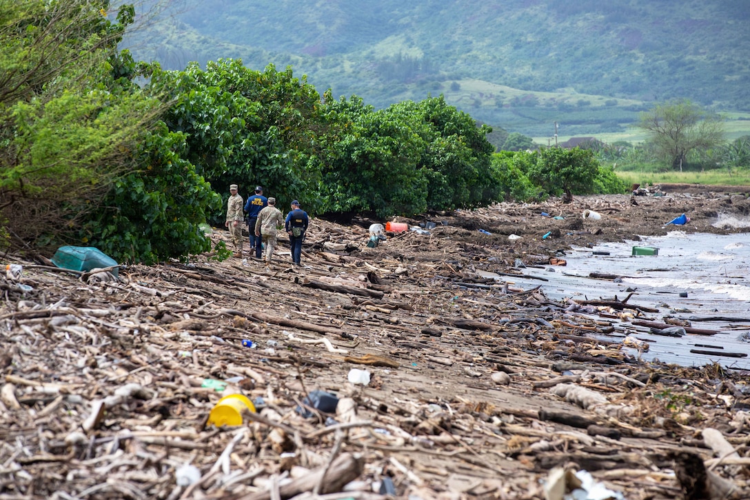 Two soldiers and two first responders walk through fallen branches and debris on sand as water washes ashore with mountains in the background.
