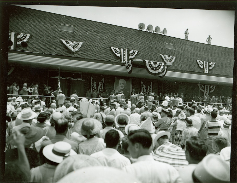 A crowd is gathered at Arnold Air Force Base, Tenn., June 25, 1951, to witness then-President Harry Truman dedicate the Air Engineering Development Center as the Arnold Engineering Development Center in honor of Gen. Henry “Hap” Arnold. Arnold AFB was initially home to AEDC and later headquarters of the entire Arnold Engineering Development Complex. (U.S. Air Force photo)