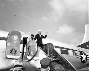 Then-President Harry Truman arrives at Northern Field near Tullahoma, Tenn., June 25, 1951, to dedicate the Air Engineering Development Center as the Arnold Engineering Development Center in honor of Gen. Henry “Hap” Arnold. The dedication occurred at Arnold Air Force Base, Tenn., initially home to AEDC and later headquarters of the entire Arnold Engineering Development Complex. (U.S. Air Force photo)