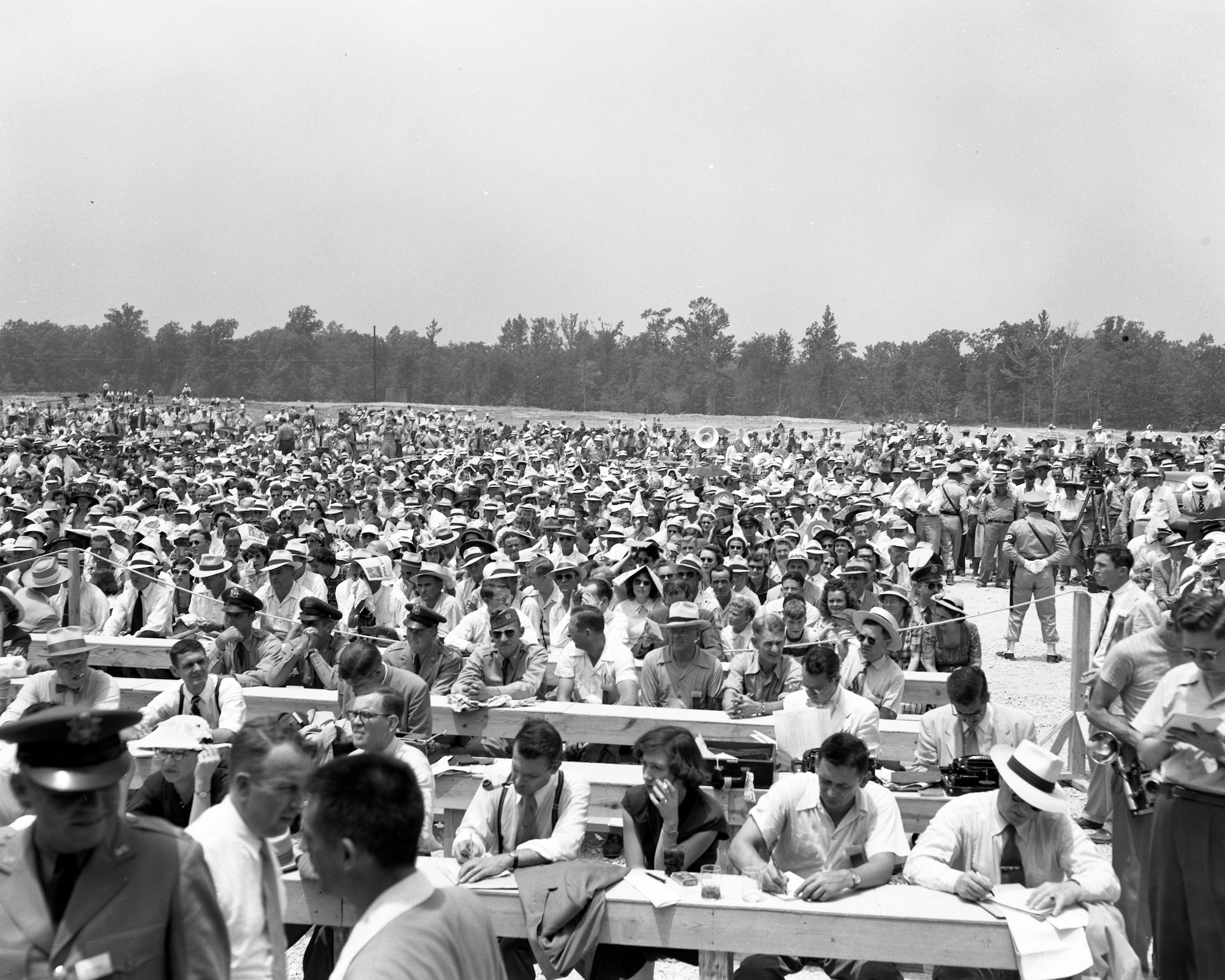 A crowd is gathered at Arnold Air Force Base, Tenn., June 25, 1951, to witness then-President Harry Truman dedicate the Air Engineering Development Center as the Arnold Engineering Development Center in honor of Gen. Henry “Hap” Arnold. Arnold AFB was initially home to AEDC and later headquarters of the entire Arnold Engineering Development Complex. (U.S. Air Force photo)