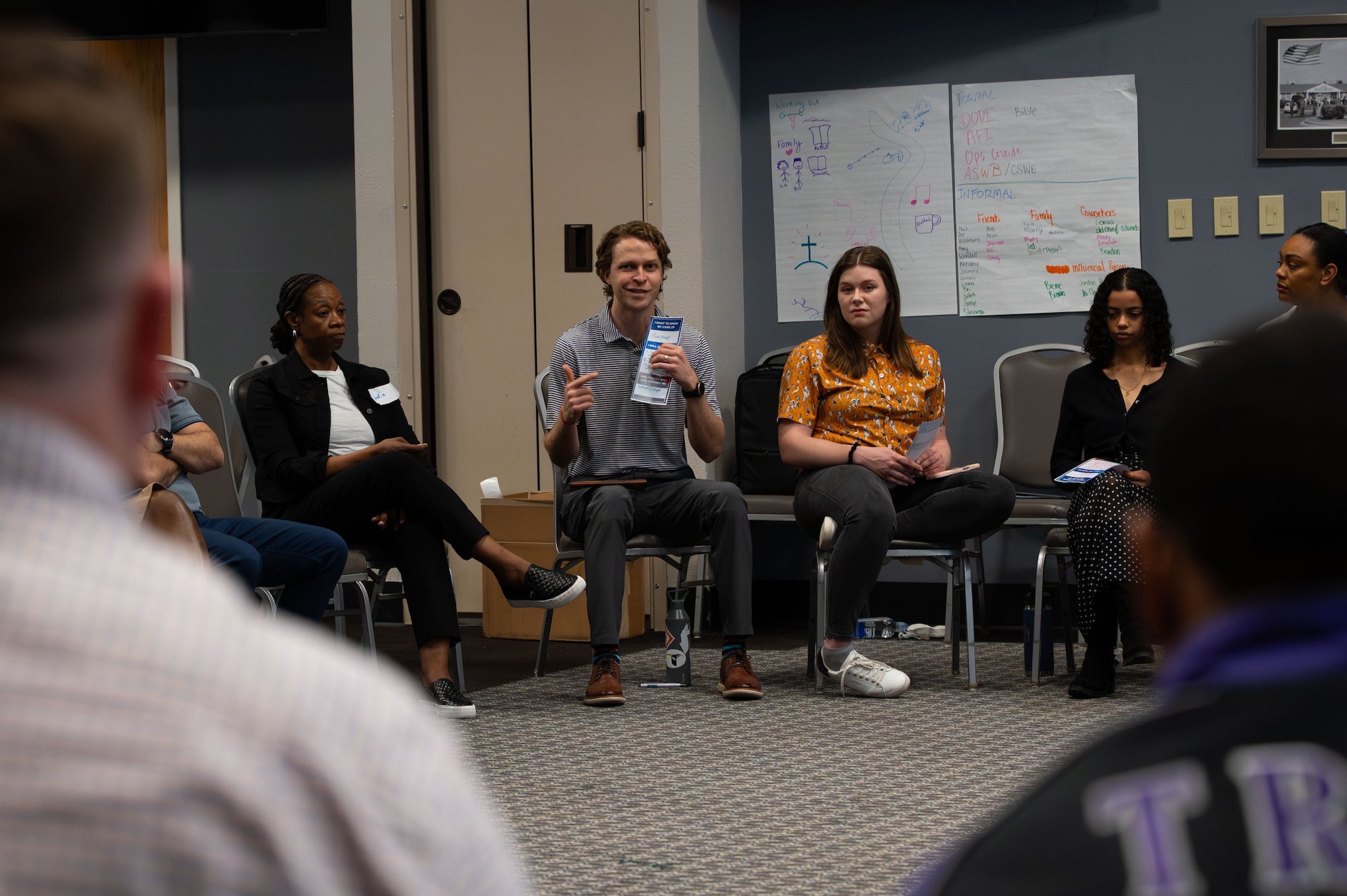 Wingman Guardian Connect course participants sit in a circle and share their responses to an activity.