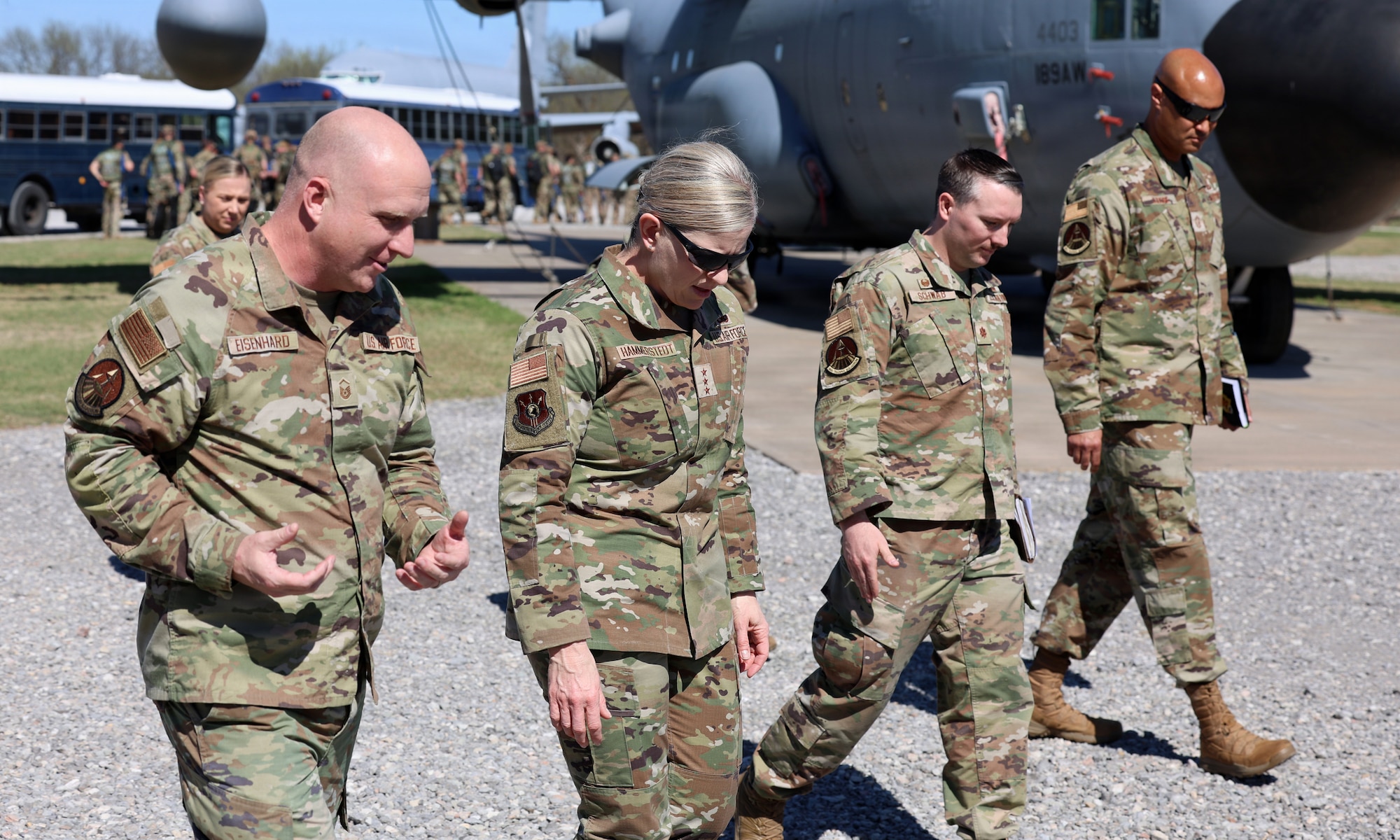 Lt. Gen. Jennifer Hammerstedt, commander of Air Force Sustainment Center, receives a briefing on crash damaged disabled aircraft recovery.