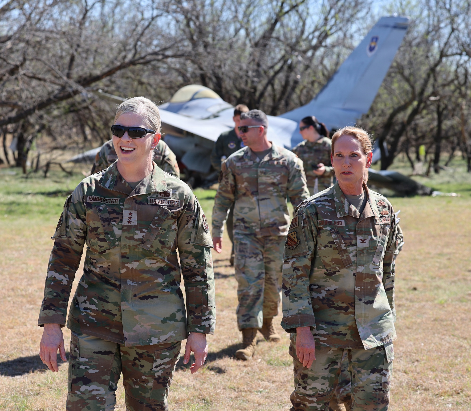 Lt. Gen. Jennifer Hammerstedt, commander of Air Force Sustainment Center, and Col. Kellie Courtland, deputy commander of the 82nd Training Wing, depart the crash damaged disabled aircraft recovery (CDDAR) brief.