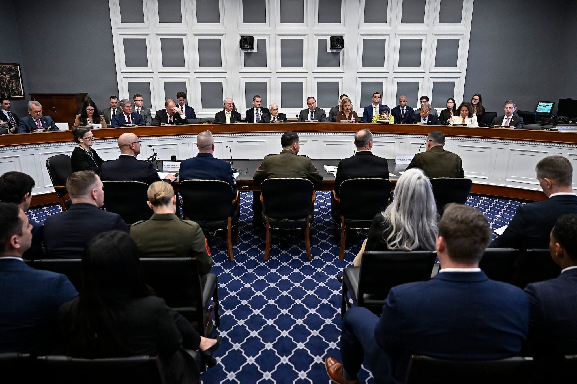 Chief Master Sgt. of the Space Force John Bentivegna, left, Chief Master Sgt. of the Air Force David Wolfe, Sgt. Maj. of the Marine Corps Carlos Ruiz, Master Chief Petty Officer of the Navy John Perryman and Sgt. Maj. of the Army Michael Weimer testify during a House Appropriations Subcommittee hearing about military quality of life, on Capitol Hill in Washington, D.C., March 25, 2026. (U.S. Air Force photo by Eric Dietrich)