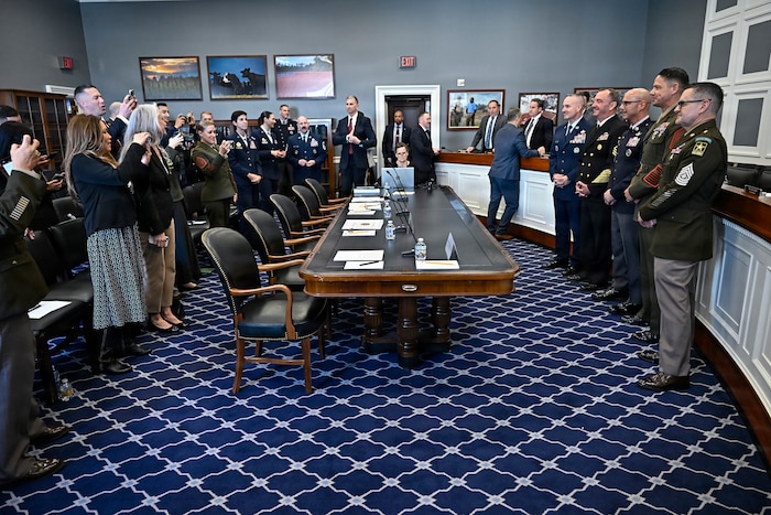 Chief Master Sgt. of the Air Force David Wolfe, top right, Master Chief Petty Officer of the Navy John Perryman, Chief Master Sgt. of the Space Force John Bentivegna, Sgt. Maj. of the Marine Corps Carlos Ruiz and Sgt. Maj. of the Army Michael Weimer pose before a House Appropriations Subcommittee hearing about military quality of life, on Capitol Hill in Washington, D.C., March 25, 2026. (U.S. Air Force photo by Eric Dietrich)