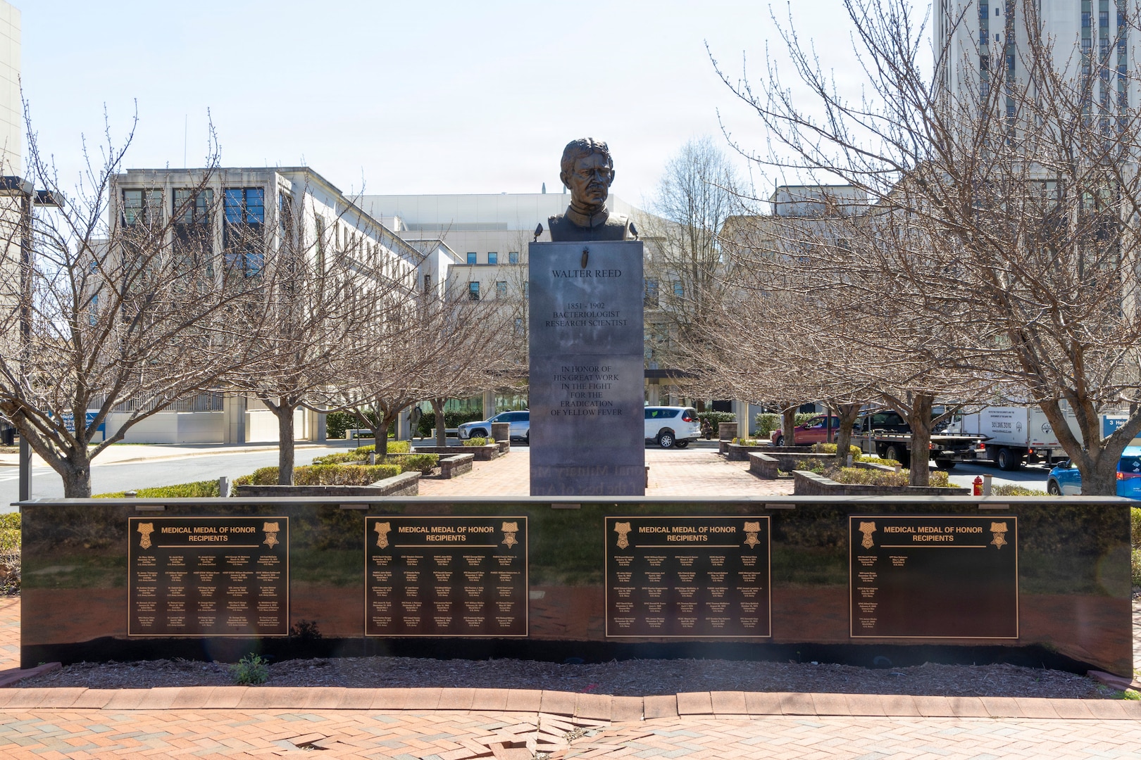 Outside Building 19, America Zone, near the bust of the medical center’s namesake, U.S. Army Maj. Walter Reed, is a set of four black marble walls with 81 names of medical Medal of Honor recipients etched in gold on them.