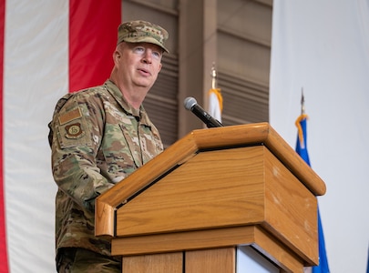 U.S. Air Force Lt. Gen. Joel Carey, 5th Air Force incoming commander, speaks to Airmen and attendees during a change of command ceremony at Yokota Air Base, Japan, March 24, 2026. This momentous change to the 5AF structure demonstrates the Department’s commitment to Japan and maintaining the security and stability in DoD’s priority theater. (U.S. Air Force photo by Airman 1st Class Kayla Karelas)