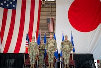 U.S. Air Force Lt. Gen. Laura Lenderman, Pacific Air Forces deputy commander, Lt. Gen. Joel Carey, 5th Air Force incoming commander, and Lt. Gen. Stephen Jost, outgoing 5th Air Force commander stand during the 5AF change of command ceremony at Yokota Air Base, Japan, March 24, 2026. This momentous change to the 5AF structure demonstrates the Department’s commitment to Japan and maintaining the security and stability in DoD’s priority theater. (U.S. Air Force photo by Airman 1st Class Kayla Karelas)