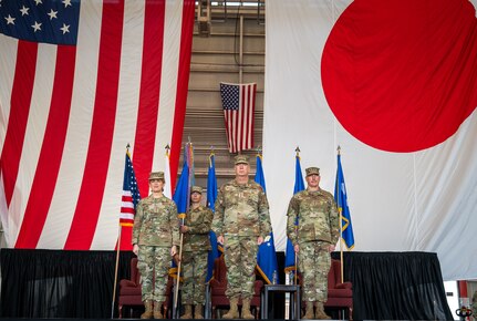 U.S. Air Force Lt. Gen. Laura Lenderman, Pacific Air Forces deputy commander, Lt. Gen. Joel Carey, 5th Air Force incoming commander, and Lt. Gen. Stephen Jost, outgoing 5th Air Force commander stand during the 5AF change of command ceremony at Yokota Air Base, Japan, March 24, 2026. This momentous change to the 5AF structure demonstrates the Department’s commitment to Japan and maintaining the security and stability in DoD’s priority theater. (U.S. Air Force photo by Airman 1st Class Kayla Karelas)