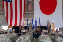 U.S. Air Force Lt. Gen Joel Carey, 5th Air Force incoming commander, renders the first salute as commander during a change of command ceremony at Yokota Air Base, Japan, March 24, 2026. 5 AF's commander separation is designed to enable more flexible joint and bilateral operations with the JASDF. This shift to a more distributed and resilient posture will enhance the alliance's ability to deter threats and respond to crises together. (U.S. Air Force photo by Airman 1st Class David S. Calcote)
