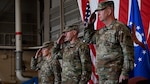 U.S. Air Force Lt. Gen Joel Carey, 5th Air Force incoming commander, Lt Gen Stephen Jost, outgoing commander, and Lt Gen Laura Lenderman, Pacific Air Forces deputy commander, render a salute during the national anthem during a change of command ceremony at Yokota Air Base, Japan, March 24, 2026. 5 AF's commander separation is designed to enable more flexible joint and bilateral operations with the JASDF. This shift to a more distributed and resilient posture will enhance the alliance's ability to deter threats and respond to crises together. (U.S. Marine photo by Sgt. Mitchell Johnson)