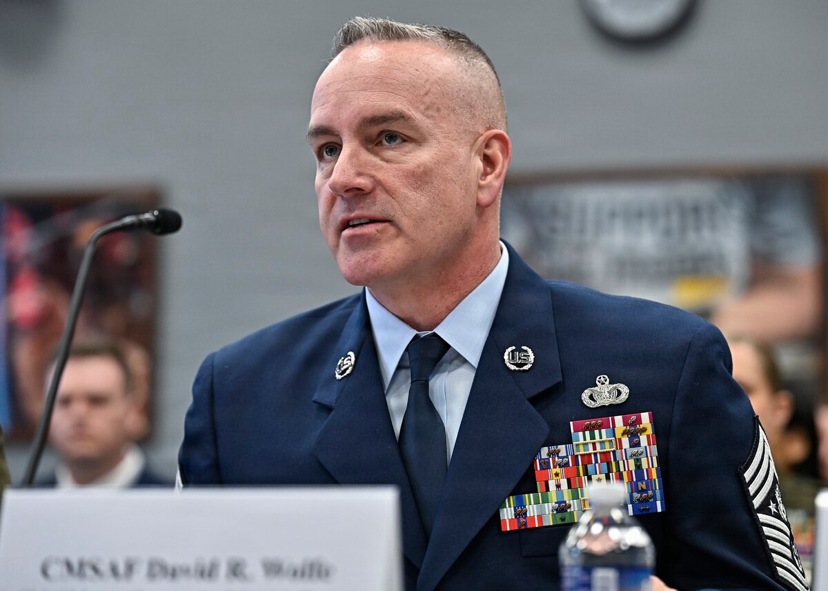 Chief Master Sgt. of the Air Force David Wolfe testifies during a House Appropriations Subcommittee hearing about military quality of life, on Capitol Hill in Washington, D.C., March 25, 2026. (U.S. Air Force photo by Eric Dietrich)