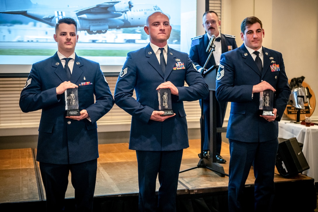 The Kentucky Air National Guard recognizes the 123rd Airlift Wing’s top Airmen for 2026 during the Airman’s Gala at Wildwood Country Club in Louisville, Ky., March 14, 2026. Senior Airman Ethan Greco, Staff Sgt. Lucas Bradshaw and Senior Master Sgt. Dallas Stoll were honored in the Airman, NCO and Senior NCO categories, while Master Sgt. Josh Pence was named First Sergeant of the Year. (U.S. Air National Guard photo by Master Sgt. Joshua Horton)
