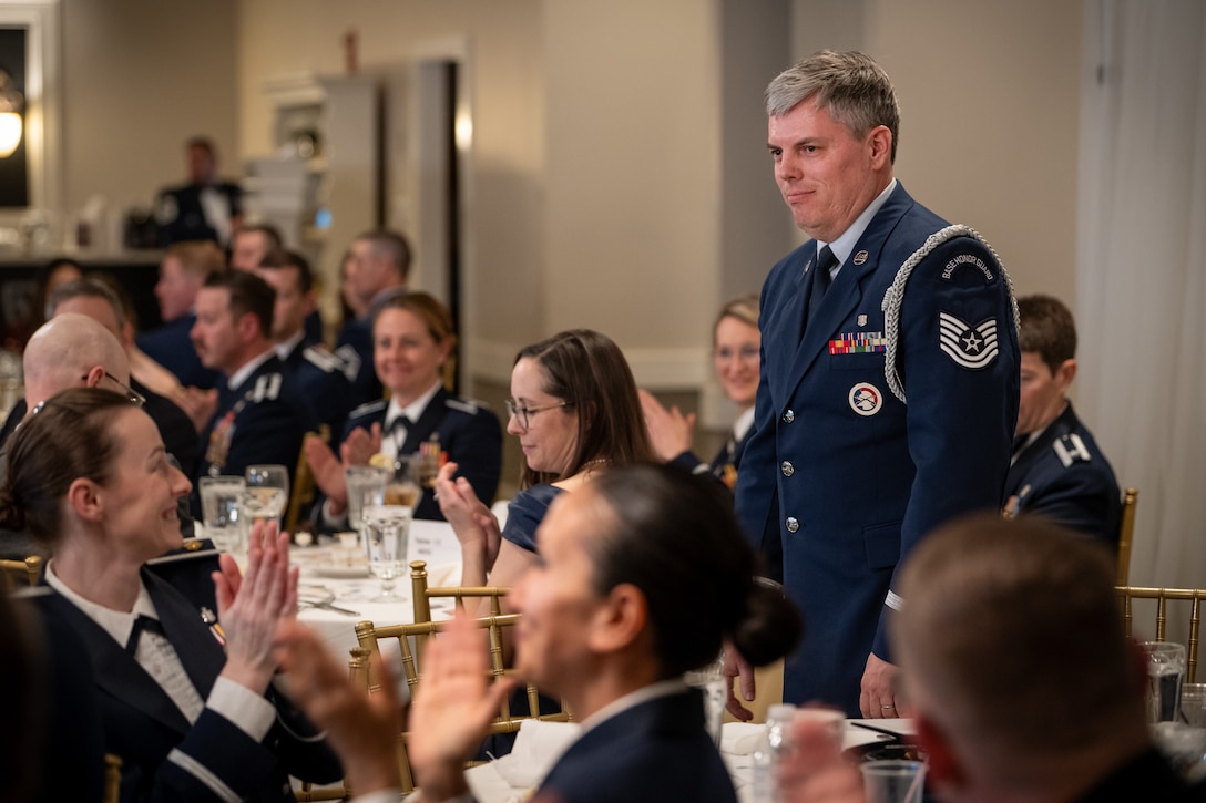 Tech. Sgt. Tyler Sparks, the Kentucky Air National Guard’s 2026 Honor Guard Member of the Year, is recognized during the Airman’s Gala at Wildwood Country Club in Louisville, Ky., March 14, 2026. The Gala celebrated wing Airmen who displayed exceptional performance in 2025. (U.S. Air National Guard photo by Master Sgt. Joshua Horton)