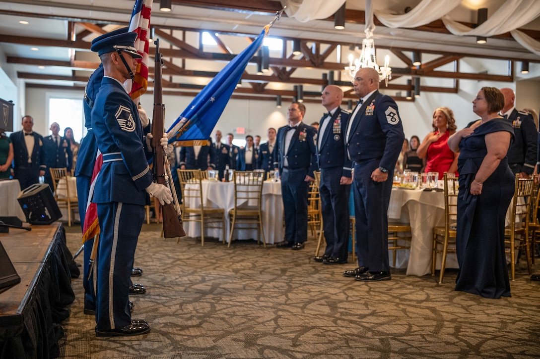 The 123rd Airlift Wing Color Guard presents the colors during the Airman’s Gala at Wildwood Country Club in Louisville, Ky., March 14, 2026. The Gala celebrated wing Airmen who displayed exceptional performance and community engagement in 2025. (U.S. Air National Guard photo by Master Sgt. Joshua Horton)