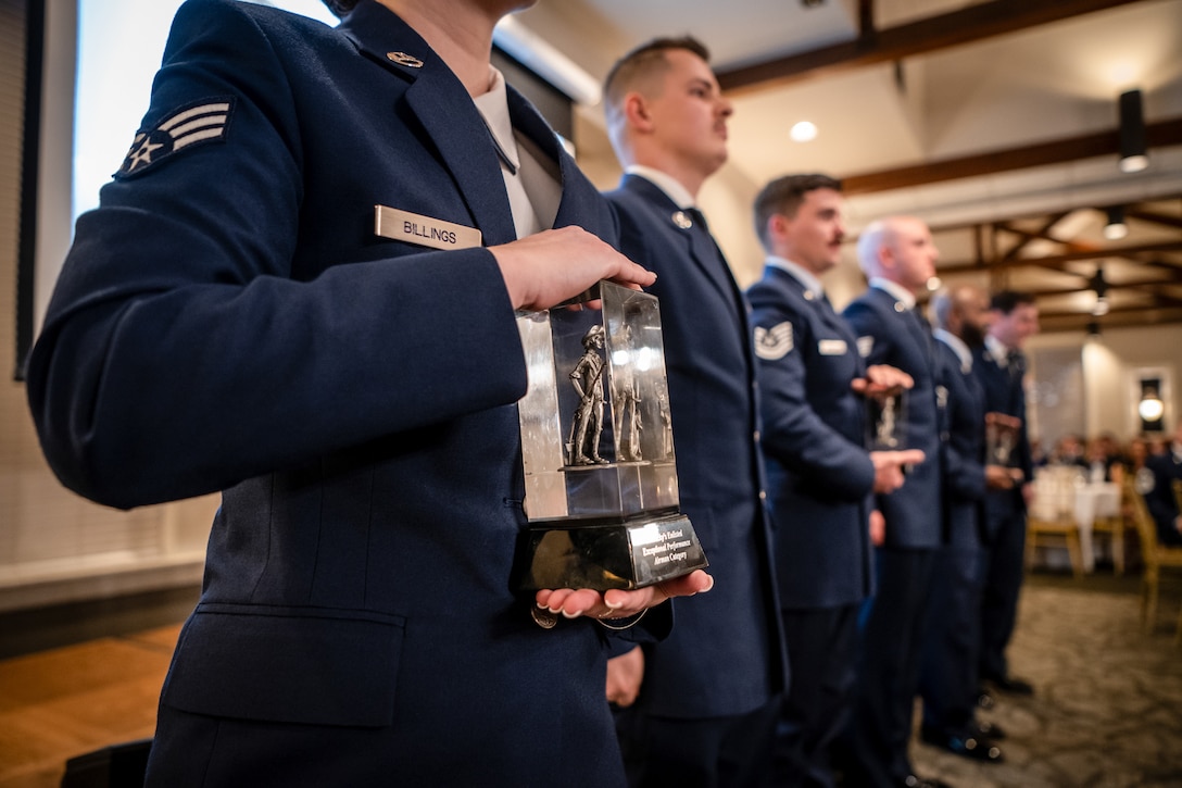 The Kentucky Air National Guard recognizes the 123rd Airlift Wing’s top Airmen for 2026 during the Airman’s Gala at Wildwood Country Club in Louisville, Ky., March 14, 2026. Senior Airman Ethan Greco, Staff Sgt. Lucas Bradshaw and Senior Master Sgt. Dallas Stoll were honored in the Airman, NCO and Senior NCO categories, while Master Sgt. Josh Pence was named First Sergeant of the Year. (U.S. Air National Guard photo by Master Sgt. Joshua Horton)