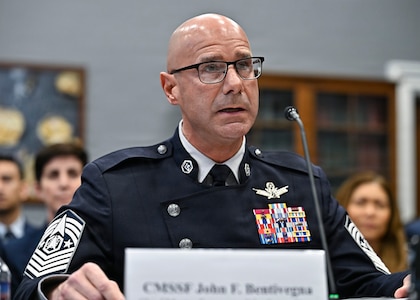 Chief Master Sgt. of the Space Force John Bentivegna testifies during a House Appropriations Subcommittee hearing about military quality of life, on Capitol Hill in Washington, D.C., March 25, 2026. (U.S. Air Force photo by Eric Dietrich)