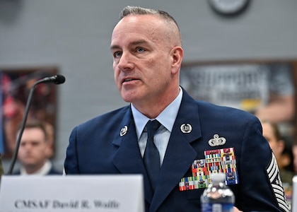 Chief Master Sgt. of the Air Force David Wolfe testifies during a House Appropriations Subcommittee hearing about military quality of life, on Capitol Hill in Washington, D.C., March 25, 2026. (U.S. Air Force photo by Eric Dietrich)