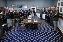 Chief Master Sgt. of the Air Force David Wolfe, top right, Master Chief Petty Officer of the Navy John Perryman, Chief Master Sgt. of the Space Force John Bentivegna, Sgt. Maj. of the Marine Corps Carlos Ruiz and Sgt. Maj. of the Army Michael Weimer pose before a House Appropriations Subcommittee hearing about military quality of life, on Capitol Hill in Washington, D.C., March 25, 2026. (U.S. Air Force photo by Eric Dietrich)