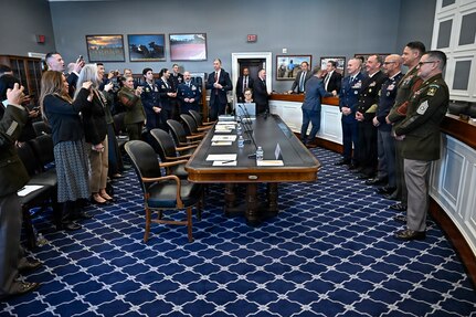 Chief Master Sgt. of the Air Force David Wolfe, top right, Master Chief Petty Officer of the Navy John Perryman, Chief Master Sgt. of the Space Force John Bentivegna, Sgt. Maj. of the Marine Corps Carlos Ruiz and Sgt. Maj. of the Army Michael Weimer pose before a House Appropriations Subcommittee hearing about military quality of life, on Capitol Hill in Washington, D.C., March 25, 2026. (U.S. Air Force photo by Eric Dietrich)