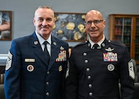 Chief Master Sgt. of the Air Force David Wolfe and Chief Master Sgt. of the Space Force John Bentivegna pose before a House Appropriations Subcommittee hearing about military quality of life, on Capitol Hill in Washington, D.C., March 25, 2026. (U.S. Air Force photo by Eric Dietrich)