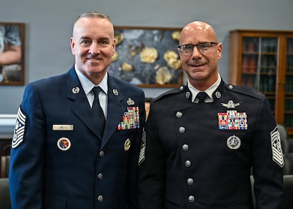 Chief Master Sgt. of the Air Force David Wolfe and Chief Master Sgt. of the Space Force John Bentivegna pose before a House Appropriations Subcommittee hearing about military quality of life, on Capitol Hill in Washington, D.C., March 25, 2026. (U.S. Air Force photo by Eric Dietrich)