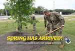 Airmen shoveling dirt into a hold where they are planting a tree.
