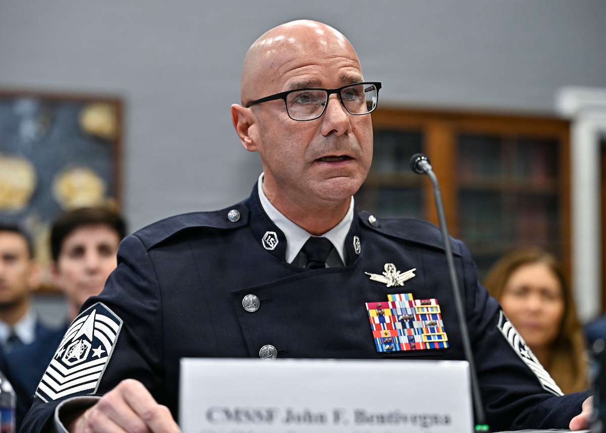Chief Master Sgt. of the Space Force John Bentivegna testifies during a House Appropriations Subcommittee hearing about military quality of life, on Capitol Hill in Washington, D.C., March 25, 2026. (U.S. Air Force photo by Eric Dietrich)