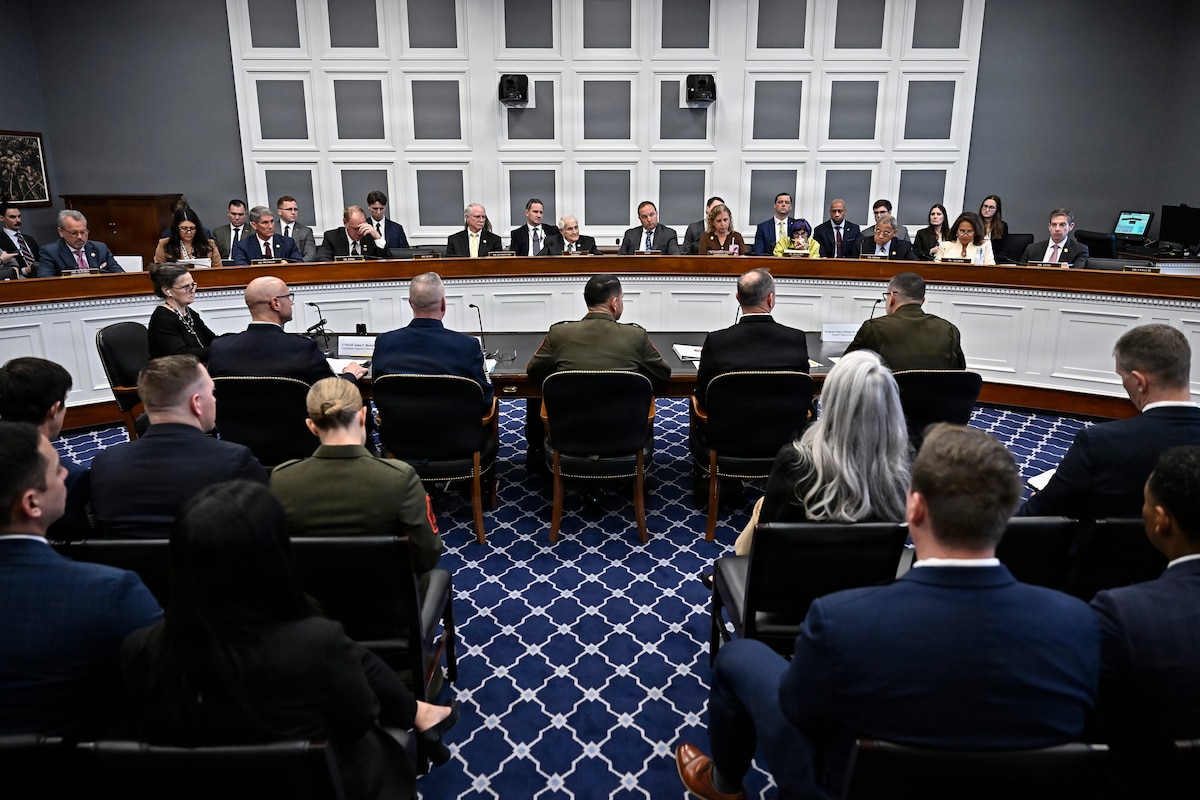 Chief Master Sgt. of the Space Force John Bentivegna, left, Chief Master Sgt. of the Air Force David Wolfe, Sgt. Maj. of the Marine Corps Carlos Ruiz, Master Chief Petty Officer of the Navy John Perryman and Sgt. Maj. of the Army Michael Weimer testify during a House Appropriations Subcommittee hearing about military quality of life, on Capitol Hill in Washington, D.C., March 25, 2026. (U.S. Air Force photo by Eric Dietrich)