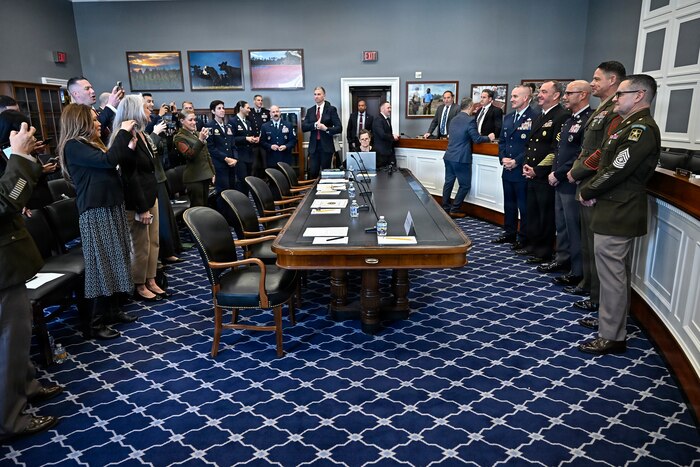 Chief Master Sgt. of the Air Force David Wolfe, top right, Master Chief Petty Officer of the Navy John Perryman, Chief Master Sgt. of the Space Force John Bentivegna, Sgt. Maj. of the Marine Corps Carlos Ruiz and Sgt. Maj. of the Army Michael Weimer pose before a House Appropriations Subcommittee hearing about military quality of life, on Capitol Hill in Washington, D.C., March 25, 2026. (U.S. Air Force photo by Eric Dietrich)