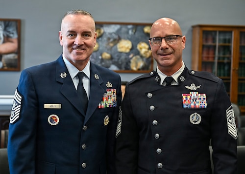 Chief Master Sgt. of the Air Force David Wolfe and Chief Master Sgt. of the Space Force John Bentivegna pose before a House Appropriations Subcommittee hearing about military quality of life, on Capitol Hill in Washington, D.C., March 25, 2026. (U.S. Air Force photo by Eric Dietrich)