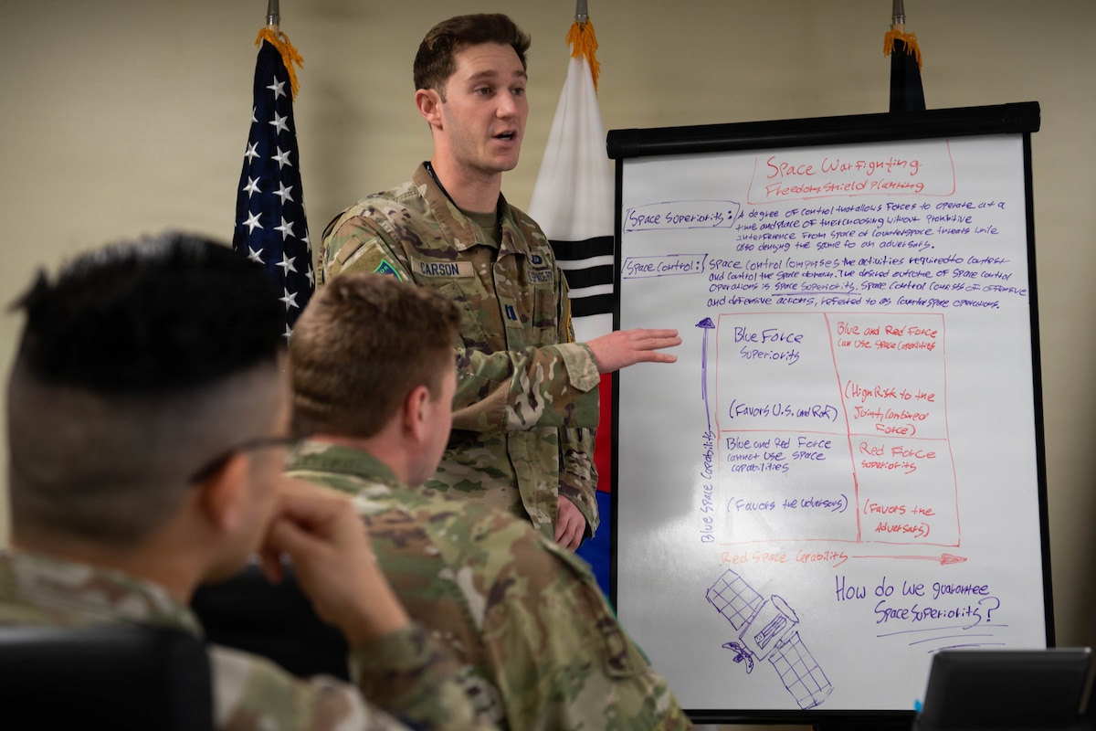 U.S. Space Force Capt. Maximilian Carson, Space Systems Command international affairs program manager, explains Space Force warfighting doctrine to his team during exercise Freedom Shield 26 at Osan Air Base, Republic of Korea, March 11, 2026. Carson served as the chief of strategy for SPACEFOR-KOR during FS26, leading a team of Guardians in developing and employing Space Force strategic planning in the Korean Theater of Operations. (U.S. Space Force photo by 2nd Lt. Andrew Taller)