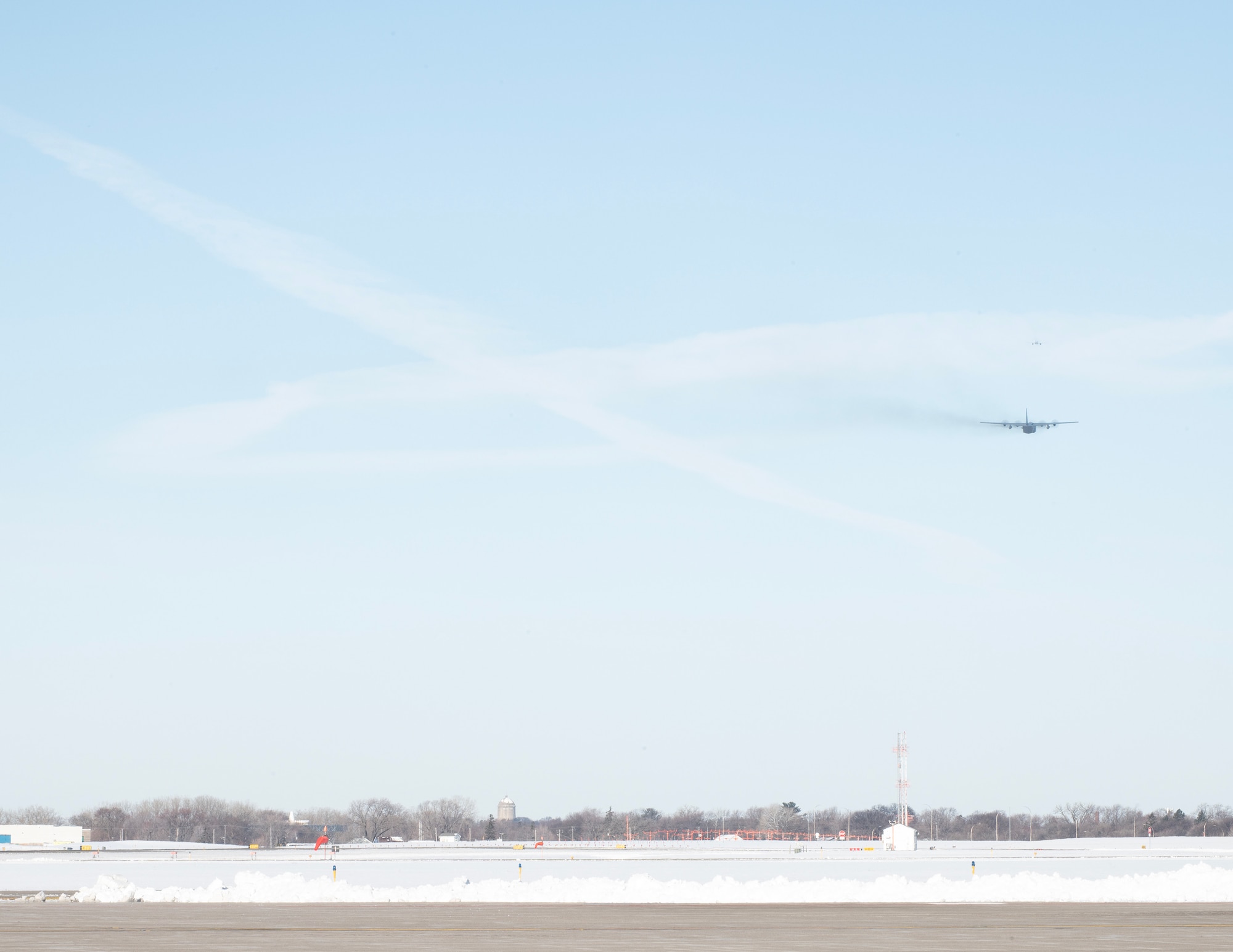 A U.S. Air Force C-130H3 Hercules assigned to the 133rd Airlift Wing takes off from Minneapolis-St. Paul International Airport in St. Paul, Minn., Feb. 21, 2026.