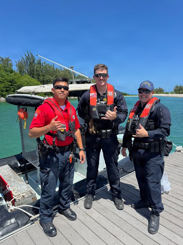 Members of the U.S. Coast Guard Sector Boarding Team stand for a photo with CNMI law enforcement partners on March 20, 2026, in Saipan.  From March 18-22, conducted joint underway and shoreside operations alongside the CNMI Department of Public Safety, Saipan Marine Unit, and Saipan Customs and Biosecurity, reinforcing direct lines of communication and cooperation that strengthen maritime domain awareness across the CNMI's waters and surrounding exclusive economic zone. (U.S. Coast Guard photo by Petty Officer 1st Class Chris Farrell)