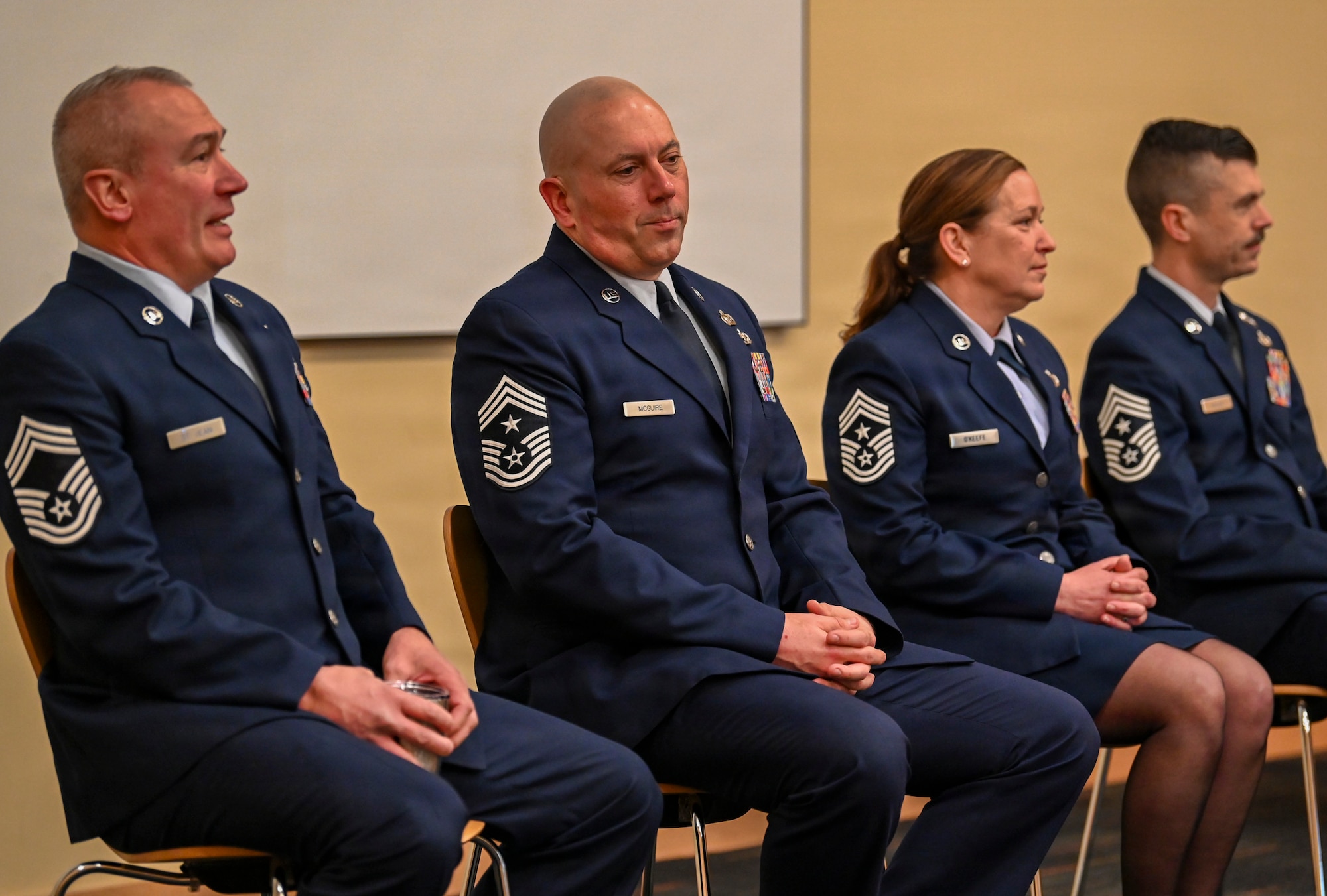 From left to right, U.S. Air Force Chief Master Sgt. Jeffrey St. Jean, 104th Fighter Wing Maintenance Group Senior Enlisted Leader, U.S. Air Force Chief Master Sgt. Shane McGuire, 102nd Intelligence Wing Command Chief Master Sergeant, U.S. Air Force Chief Master Sgt.
Michelle O’Keefe, Massachusetts Air National Guard (MANG) State Command Chief Master Sergeant, and U.S. Air Force Chief Master Sgt. Nicholas Kollett, 143rd Airlift Wing  Command Chief, participate in a panel discussion during the MANG’s inaugural Senior Noncommissioned Officer Professional Development Course at Camp Nett, Connecticut, March 20, 2026. 

The SNCO foundations course consisted of 41 Airmen at the rank of Master Sgt. or Senior Master Sgt. from four different wings at three different states. As the first 700-level foundations course across the Air National Guard, the SNCO foundations course sets the standard for the development of senior enlisted leaders for the future.

(U.S. Air National Guard Photo by Jay Hewitt)