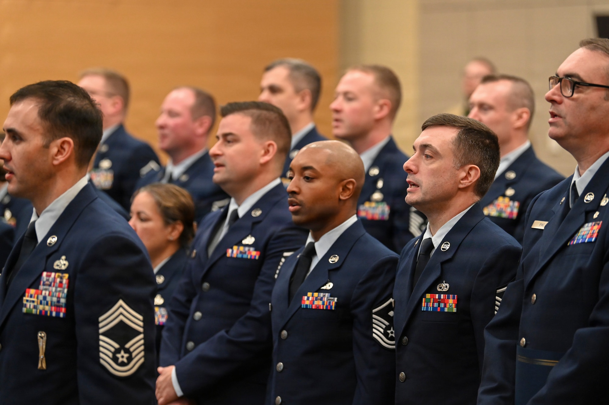 Senior Noncommissioned officers (SNCO) from the 104th Fighter Wing, 102nd Intelligence Wing, 143rd Airlift Wing, and 224th Security Forces Squadron sing “The Air Force Song” concluding their graduation from the first Massachusetts Air National Guard’s SNCO Professional Development Course at Camp Nett, Connecticut, March 20, 2026, at Camp Nett, Niantic, CT.

The SNCO foundations course consisted of 41 Airmen at the rank of Master Sgt. or Senior Master Sgt. from four different wings at three different states. As the first 700-level foundations course across the Air National Guard, the SNCO foundations course sets the standard for the development of senior enlisted leaders for the future.

(U.S. Air National Guard Photo by Jay Hewitt)