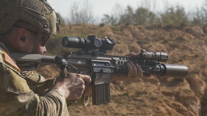 U.S. Army Soldier with the Army Marksmanship Unit conducting rifle drills with the XM8 at Fort Benning, Georgia, February 2026.