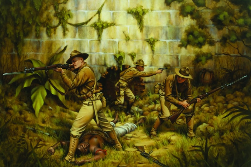 A painting depicts three uniformed men with guns pointed at natives outside beside a wall.