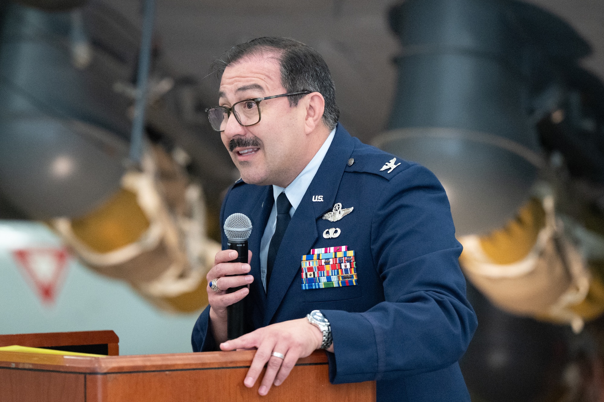 U.S. Air Force Reserve Col. Eric Rivero, 512th Airlift Wing commander, welcomes attendees to the 2026 Honorary Commanders Induction Ceremony at the Air Mobility Command Museum, Dover Air Force Base, Delaware, March 24, 2026. The annual ceremony inducted 35 local civic and business leaders into the HCC program. (U.S. Air Force photo by Mauricio Campino)