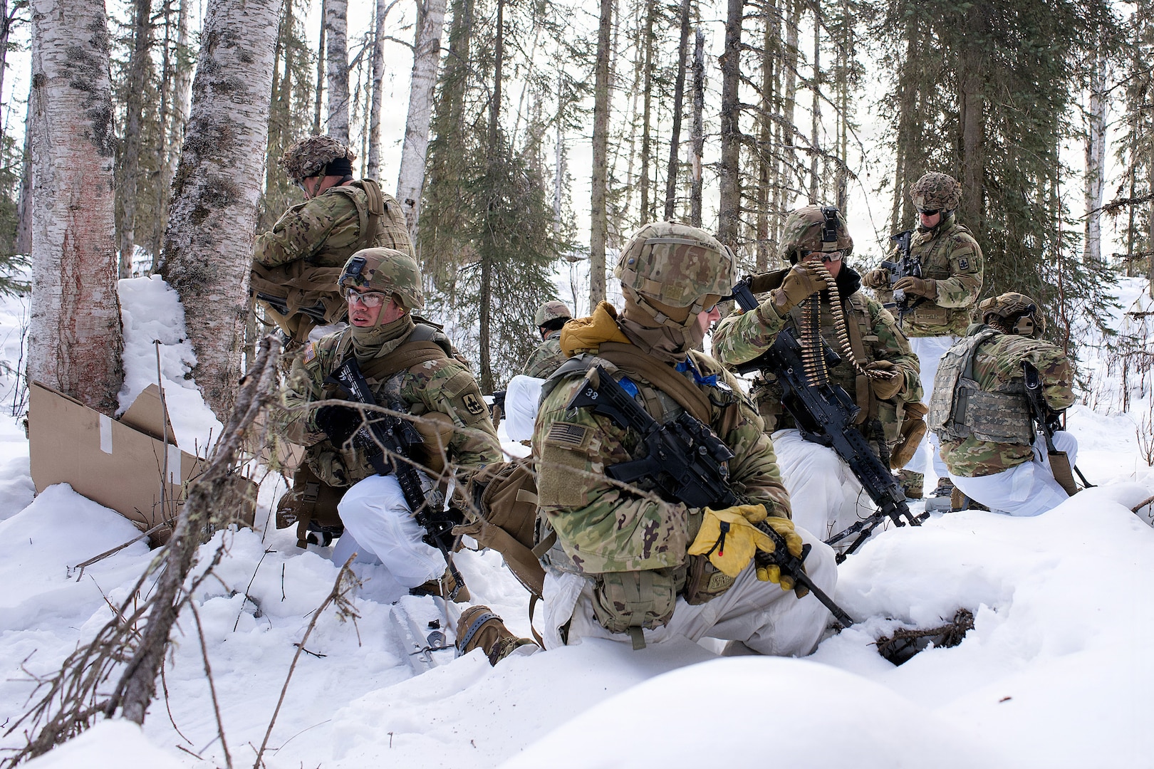 Soldiers of Weapons Squad, 1st and 2nd Platoon, Avalanche Company, 1st Battalion, 297th Infantry Regiment, prepare to emplace a support-by-fire position March 21, 2026, during infantry squad drills at the Joint Base Elmendorf-Richardson Infantry Platoon Battle Course.