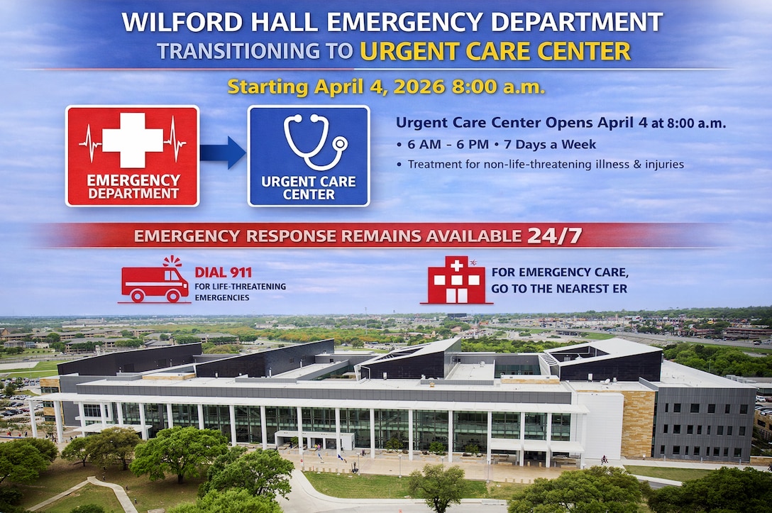Wilford Hall Ambulatory Surgical Center will transition from an Emergency Department to an Urgent Care Center beginning April 4, 2026, at 8:00 a.m.