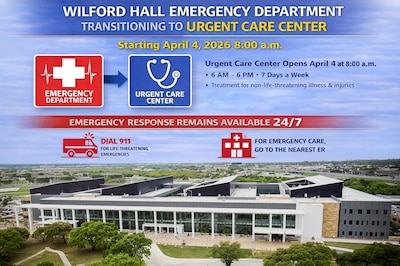 Wilford Hall Ambulatory Surgical Center will transition from an Emergency Department to an Urgent Care Center beginning April 4, 2026, at 8:00 a.m.