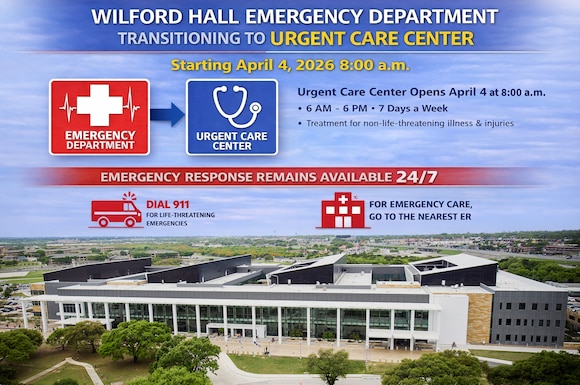 Wilford Hall Ambulatory Surgical Center will transition from an Emergency Department to an Urgent Care Center beginning April 4, 2026, at 8:00 a.m.