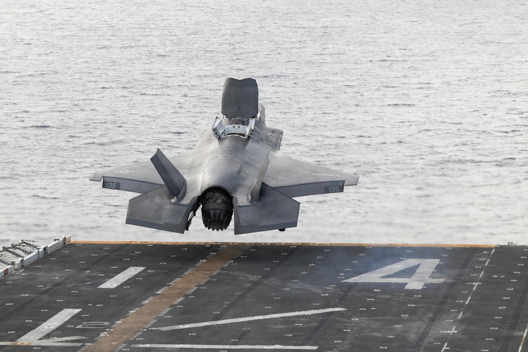A U.S. Marine Corps F-35B Lightning II attached to Marine Fighter Attack Squadron (VMFA) 122, 11th Marine Expeditionary Unit, takes off from the flight deck of Wasp-class amphibious assault ship USS Boxer (LHD 4) during flight operations in the Pacific Ocean, March 22, 2026. The 11th MEU is currently underway aboard the Boxer Amphibious Ready Group in the U.S. 3rd Fleet area of operations demonstrating the United States’ long-term commitment to a free and open Indo-Pacific. (U.S. Marine Corps photo by Cpl. Oliver Nisbet)