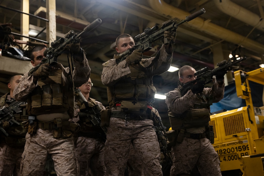 U.S. Marines and Sailors with the 11th Marine Expeditionary Unit, I Marine Expeditionary Force, conduct training aboard Wasp-class amphibious assault ship USS Boxer (LHD 4) in the Pacific Ocean, March 23, 2026. The 11th MEU is currently underway aboard the Boxer Amphibious Ready Group in the U.S. 3rd Fleet area of operations demonstrating the United States’ long-term commitment to a free and open Indo-Pacific. (U.S. Marine Corps photo by Cpl. Oliver Nisbet)