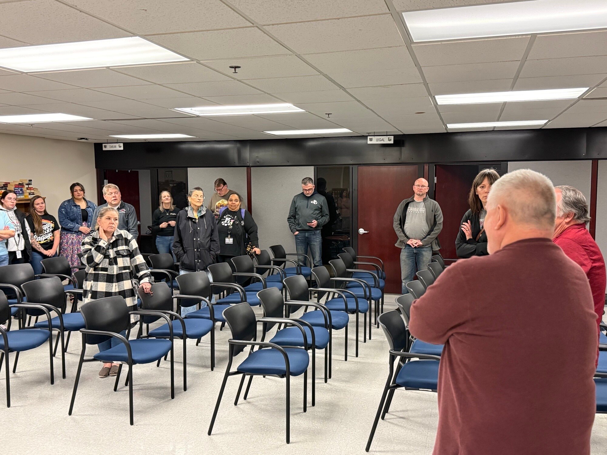 Members of the Medical Lake School District are briefed by members of the 92nd Force Support Squadron and Logistics Readiness Squadron.